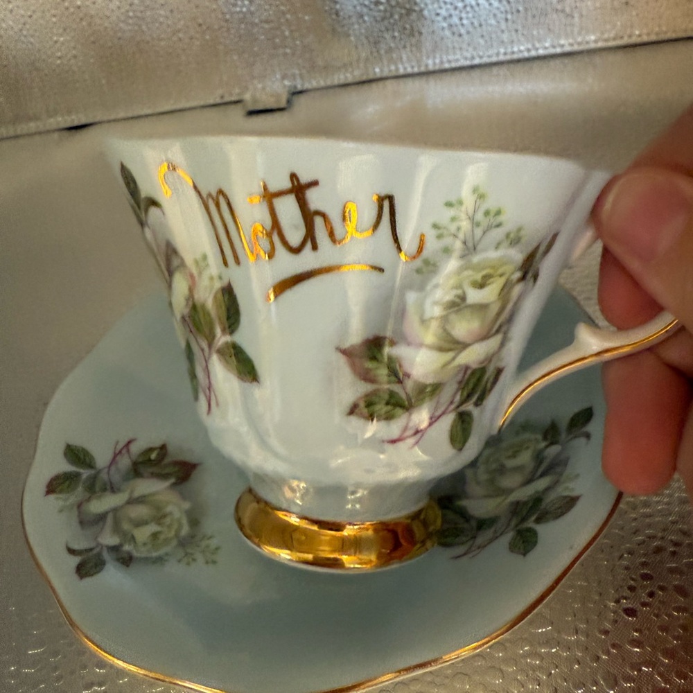 Floral Teacup and Saucer with Gold Accents